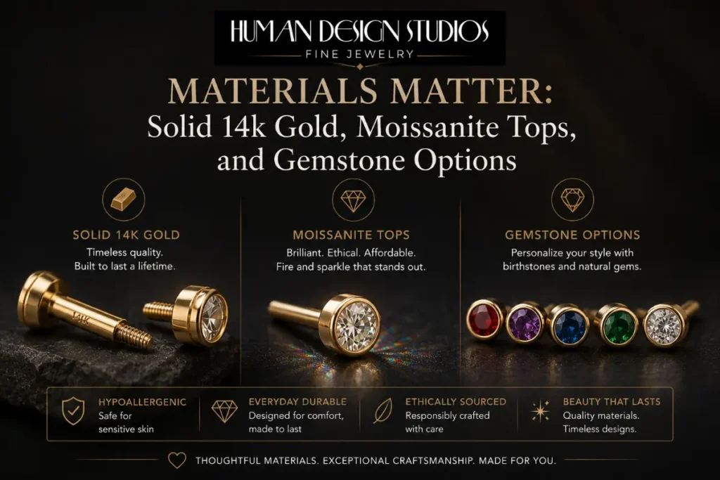 Materials Matter: Solid 14k Gold, Moissanite Tops, and Gemstone Options