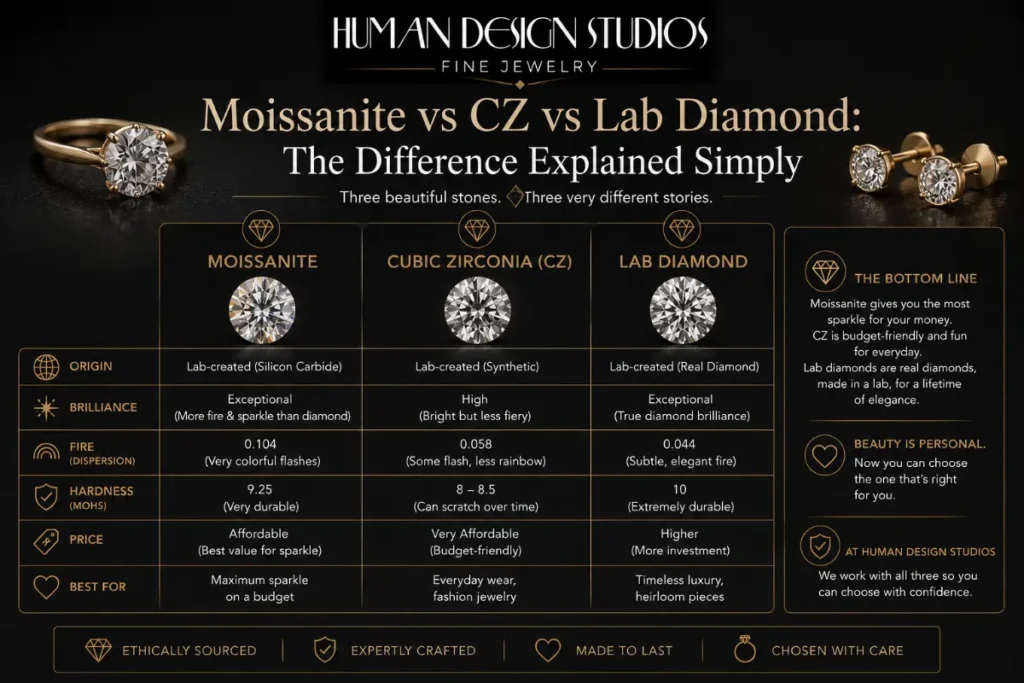 Moissanite vs CZ vs Lab Diamond